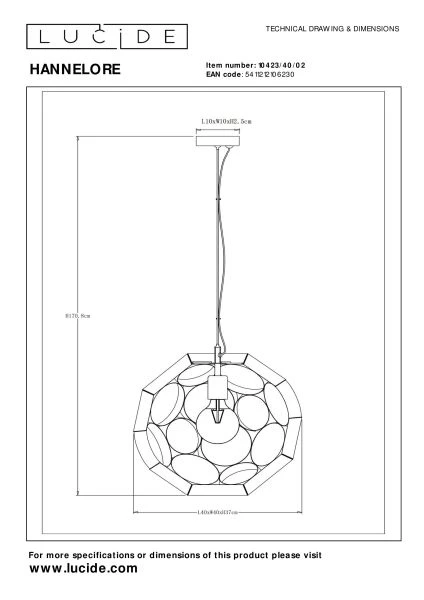 Lucide HANNELORE - Hanglamp - Ø 40 cm - 1xE27 - Mat Goud / Messing - technisch